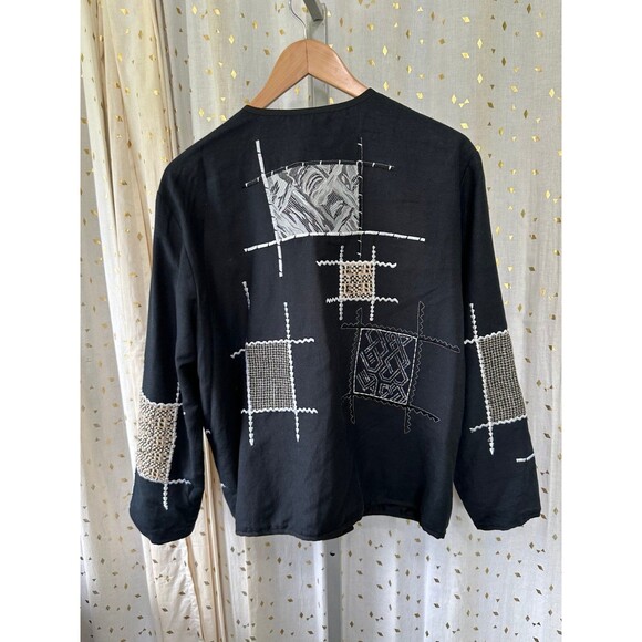 Vintage Allure Asian Inspired Flax Blend Mix Media Patchwork Embroidered Jacket - Picture 5 of 7